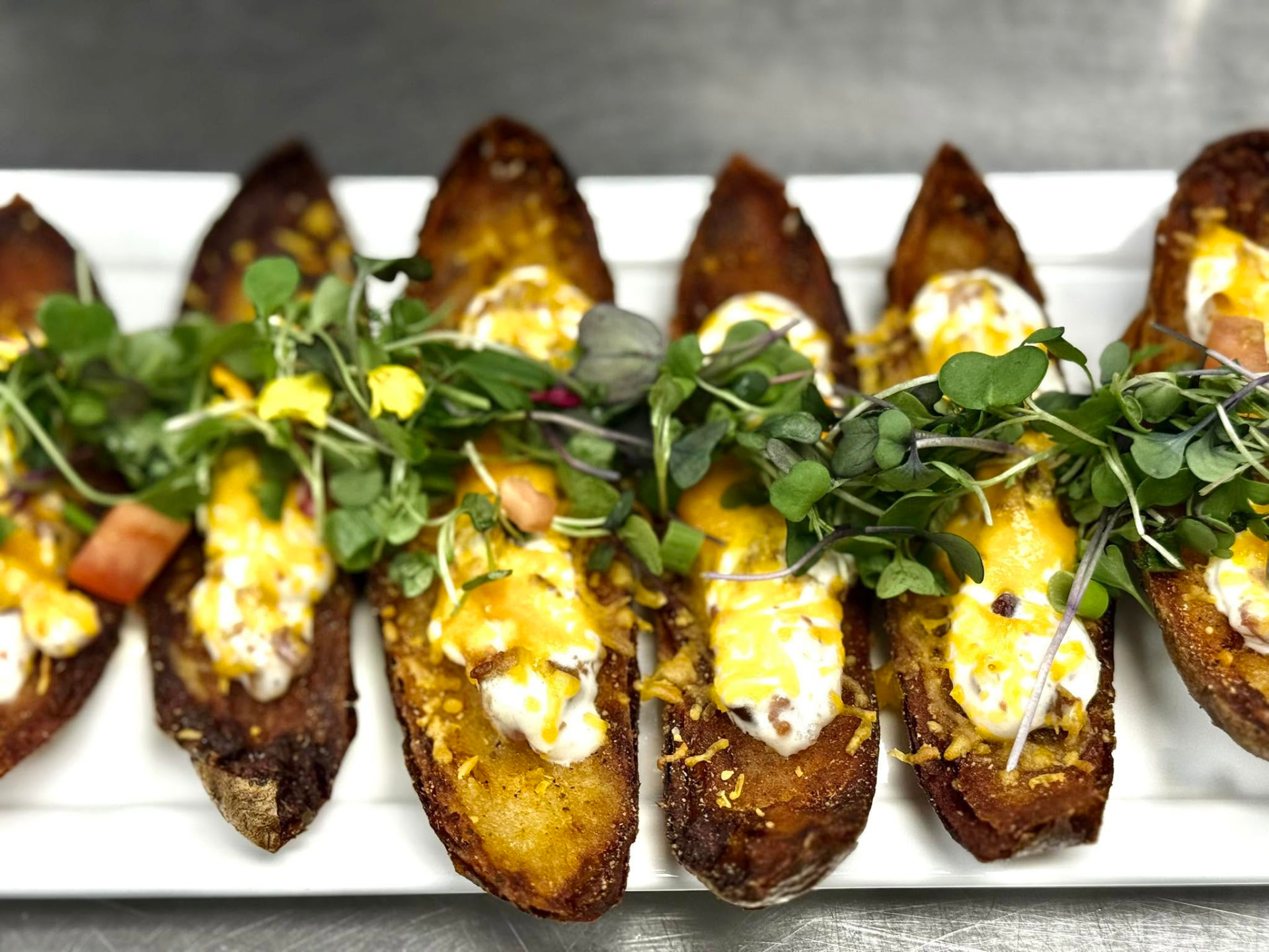 Row of crispy potato skins topped with melted cheese, sour cream and microgreens