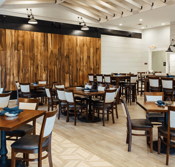 Dining room with a reclaimed barn-wood feature wall